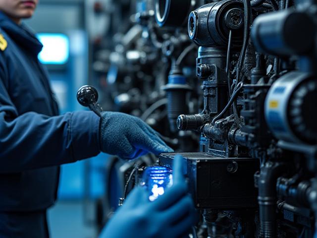 Close-up of a professional mechanic inspecting a heavy-duty truck engine for safety