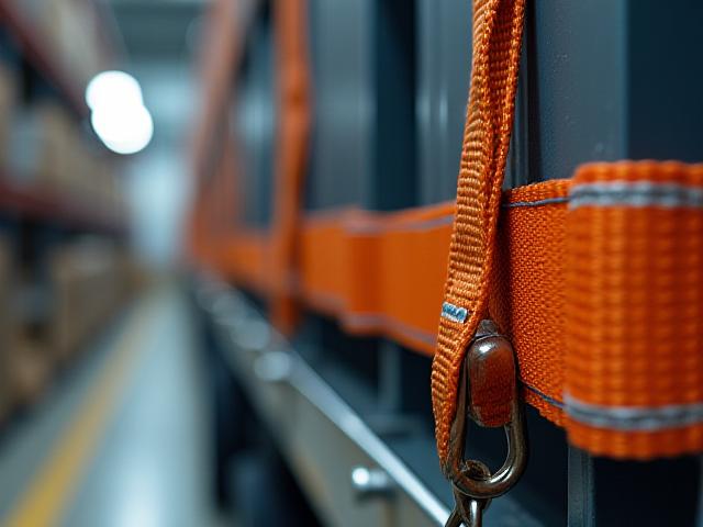 Close up of industrial battery units secured on a trailer with heavy-duty straps