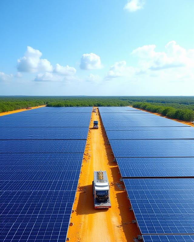 Rows of staged solar panels at a Florida construction site