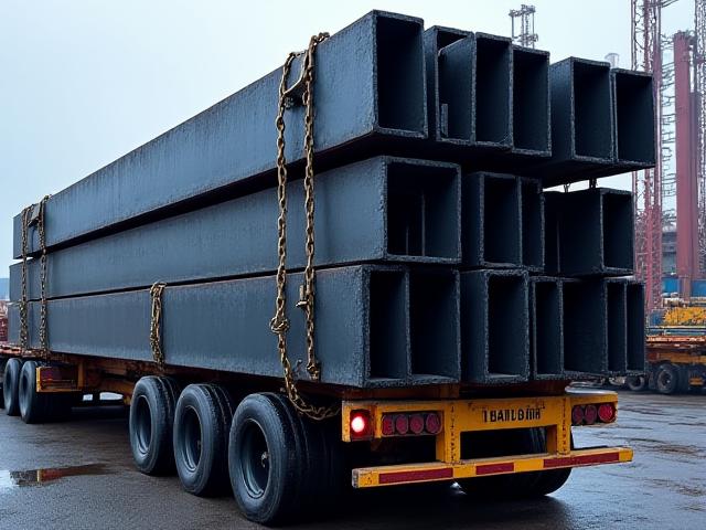 Large steel I-beams on a flatbed