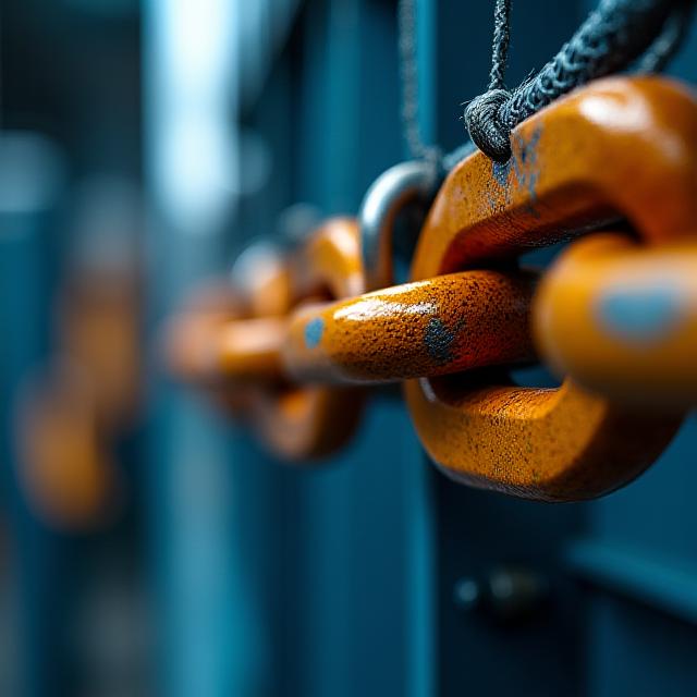 Close-up of heavy duty grade 70 chains and binders on a flatbed load