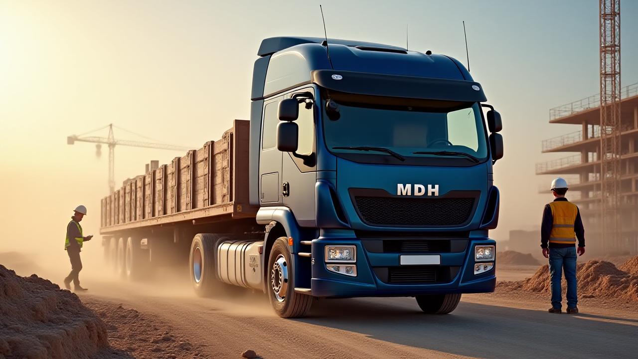 MDH flatbed truck arriving at a busy construction site with workers in PPE