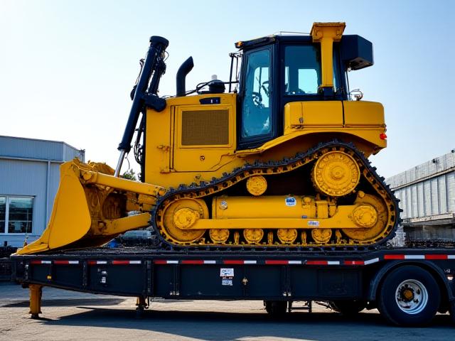 Large CAT excavator on a specialized RGN trailer