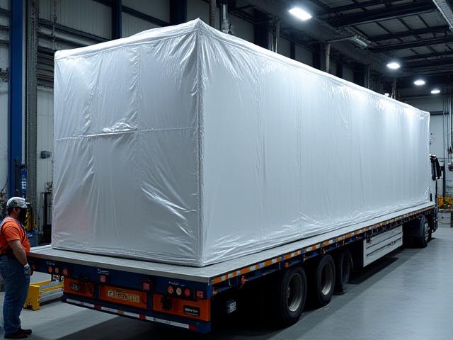 Sealed industrial factory machinery being secured for transport