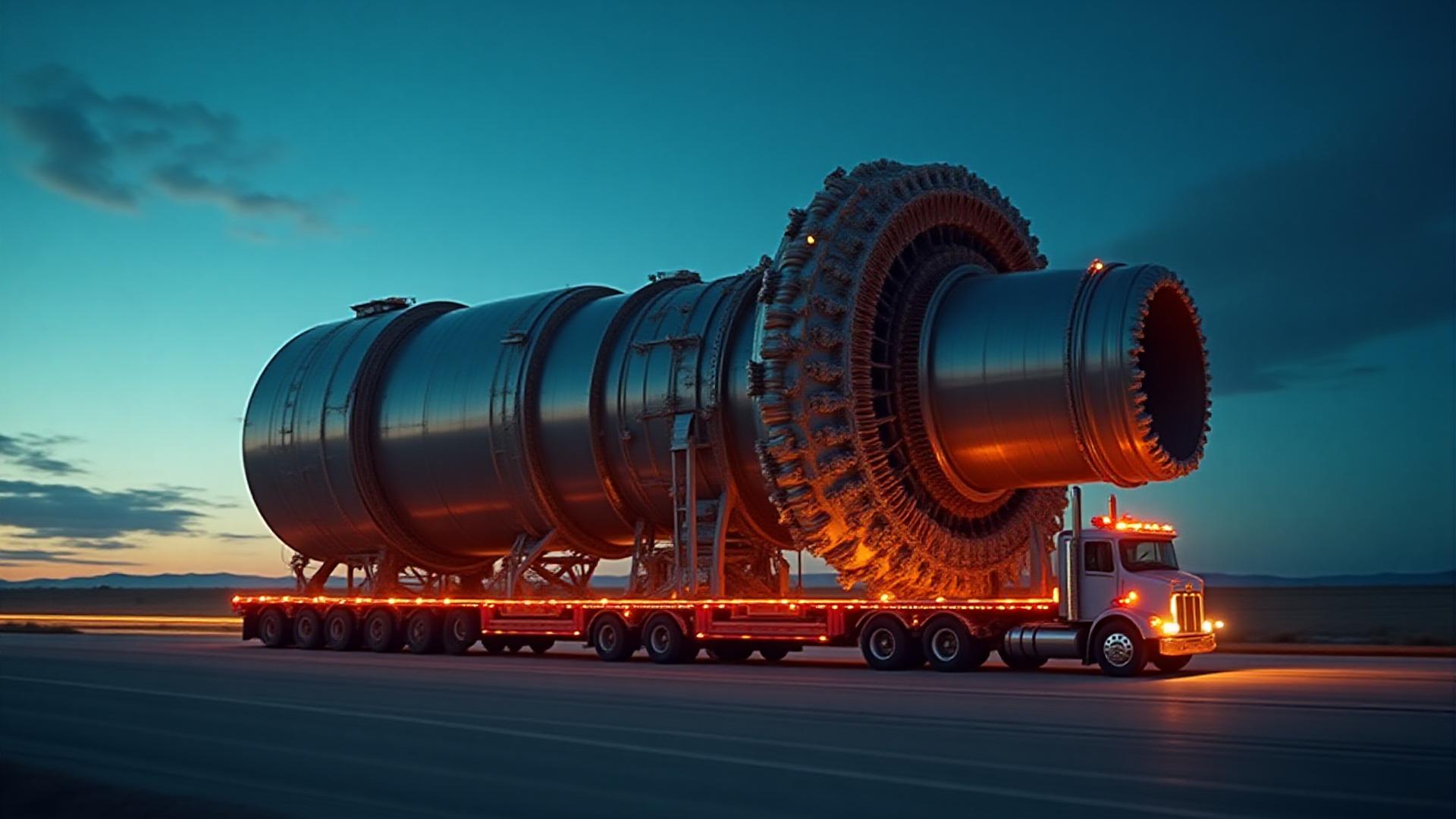 Oversized industrial equipment being transported on a multi-axle heavy haul trailer