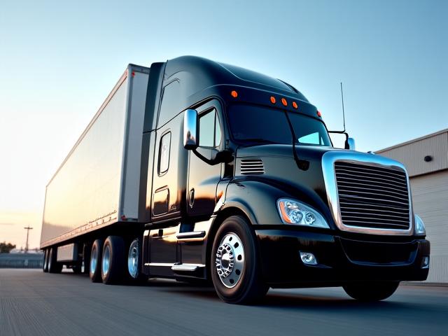 Modern black semi-truck tractor on site